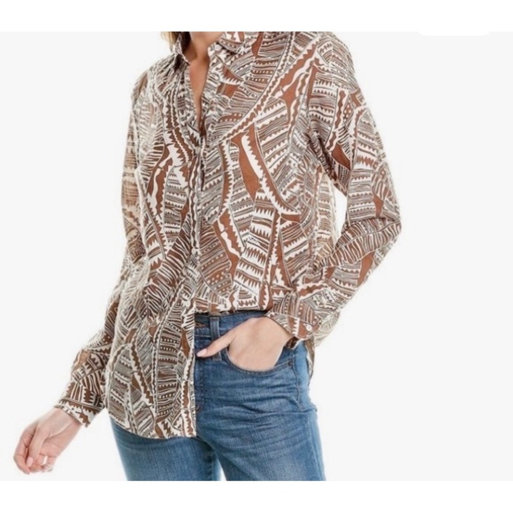 J McLaughlin Britt Linen Brown White Tropical Leaf Print Button Down Shirt Top L